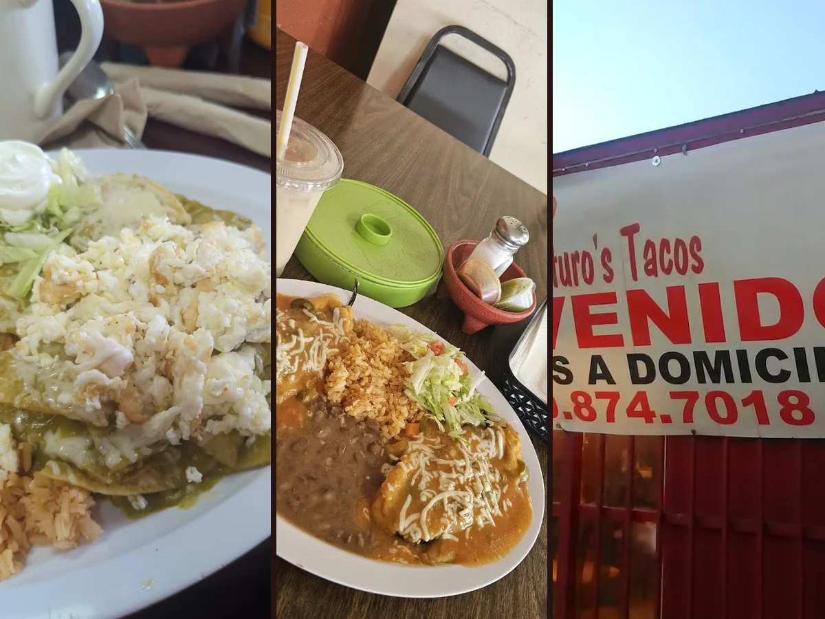 Plates of traditional Mexican food on a table.